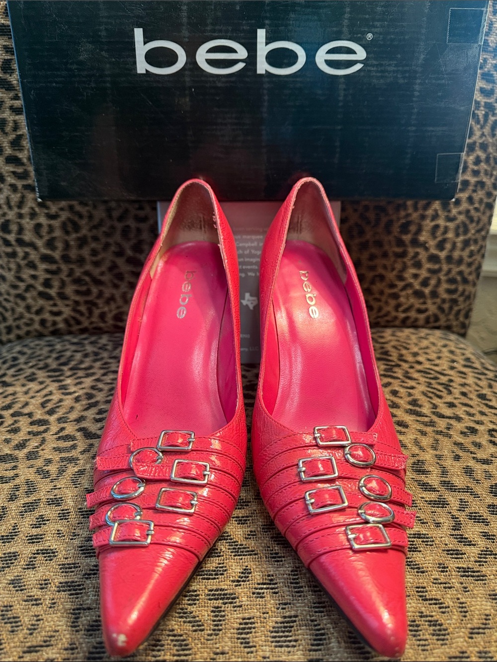 bebe Pink Pointed Toe Buckle Strap Pumps w/ 3” Heel.